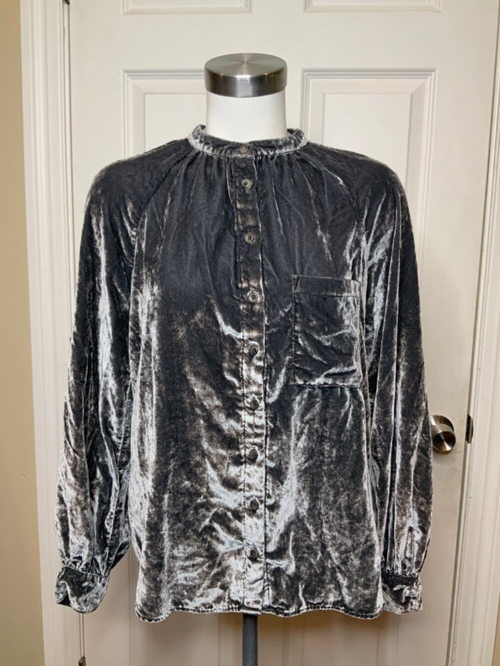 Pilcro Anthropologie Silver Velvet Button-Up Shirt, Size S